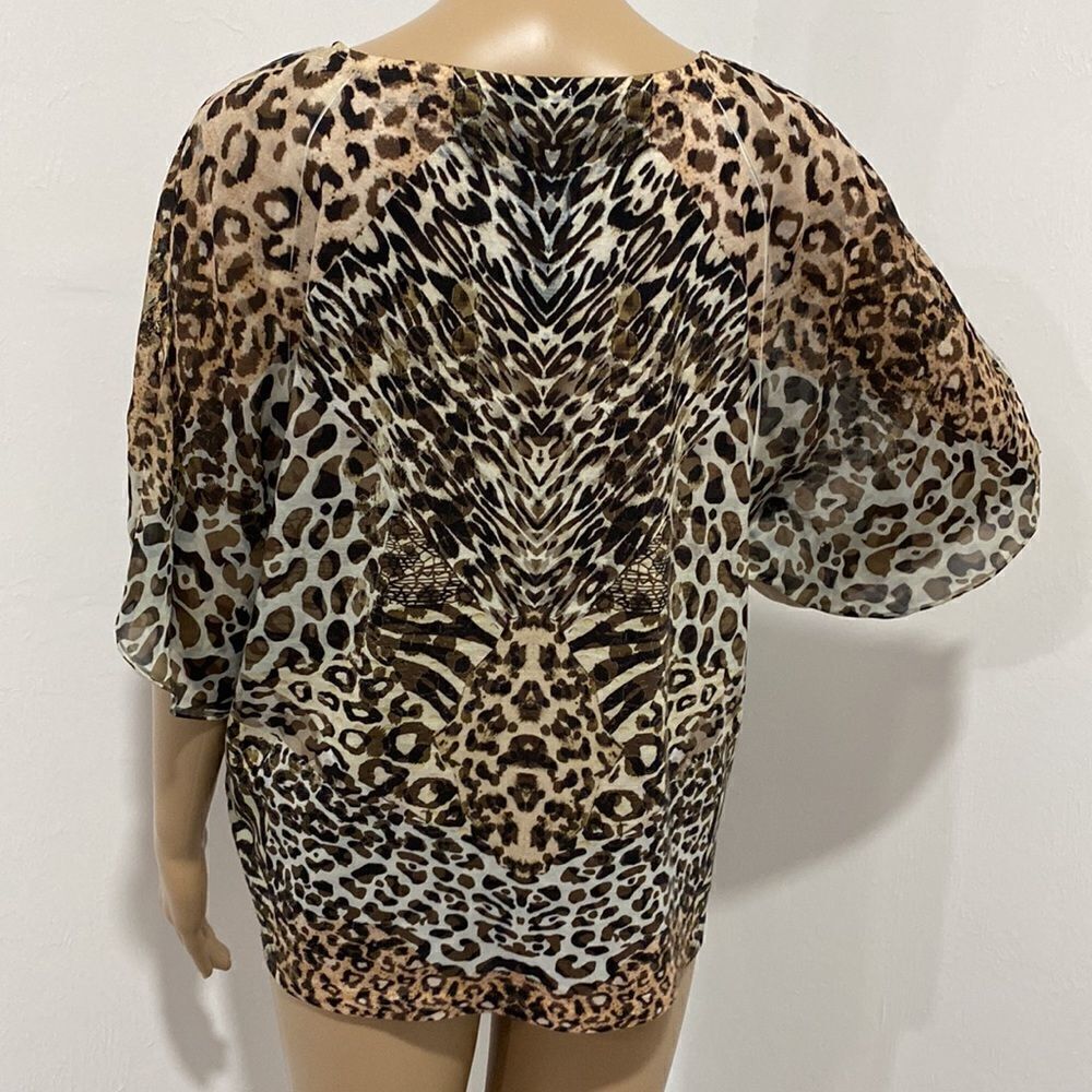 Chico’s Reverse Patchwork Flutter Split-Neck Animal Print Top size L - Picture 6 of 10